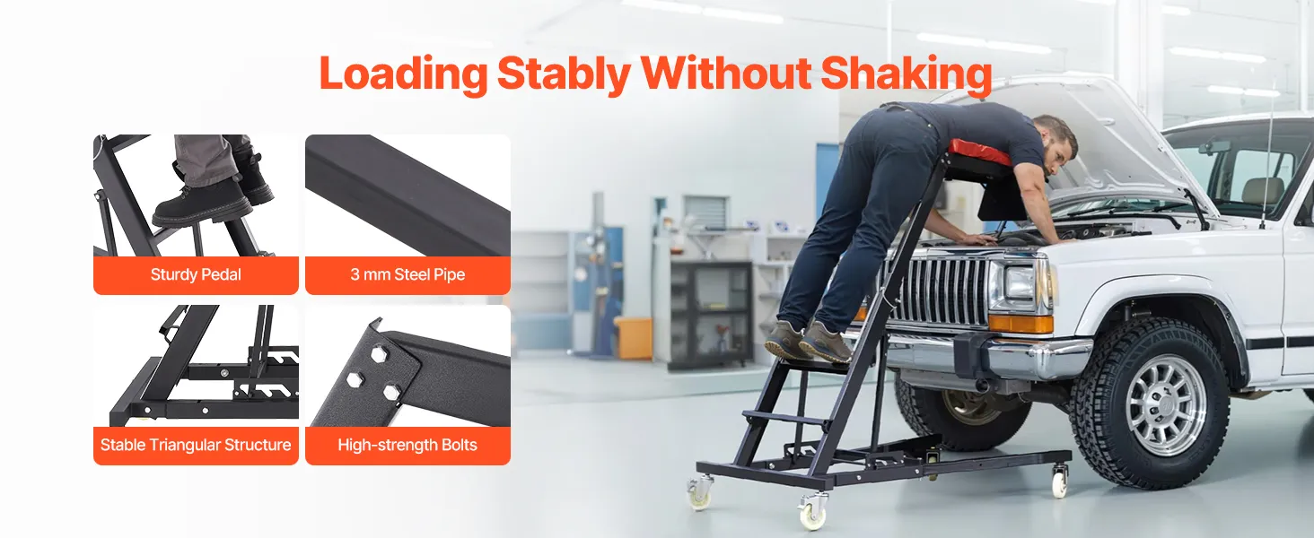 VEVOR automotive top creeper with thick cushion, wide pedal, and storage pouch for truck maintenance.