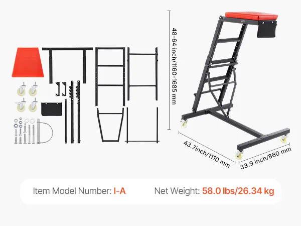 VEVOR automotive creeper with adjustable height, red cushion, wheels, and assembly parts. model i-a.