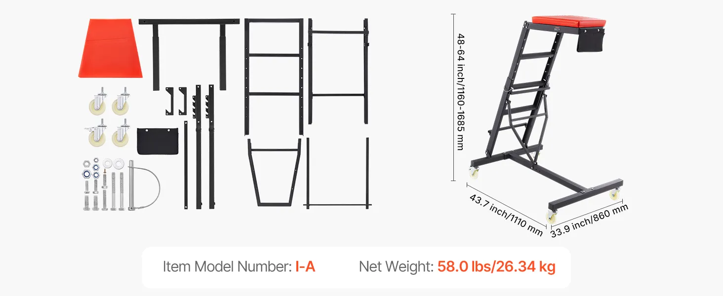 VEVOR automotive creeper with adjustable height, red cushion, wheels, and assembly parts. model i-a.