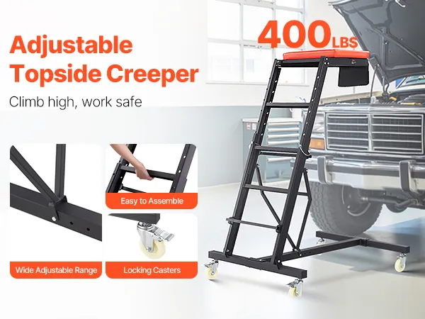 VEVOR automotive creeper with adjustable height, locking casters, and padded support next to car.