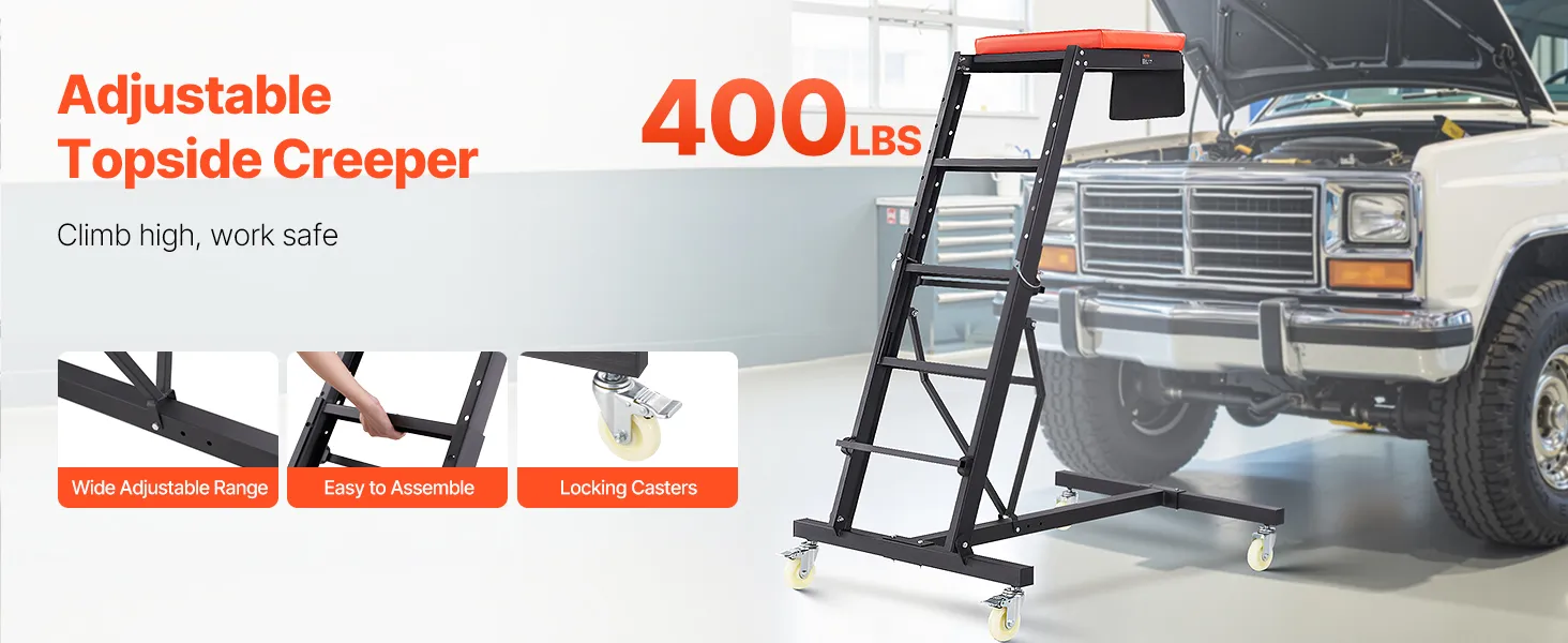 VEVOR automotive creeper with adjustable height, locking casters, and padded support next to car.