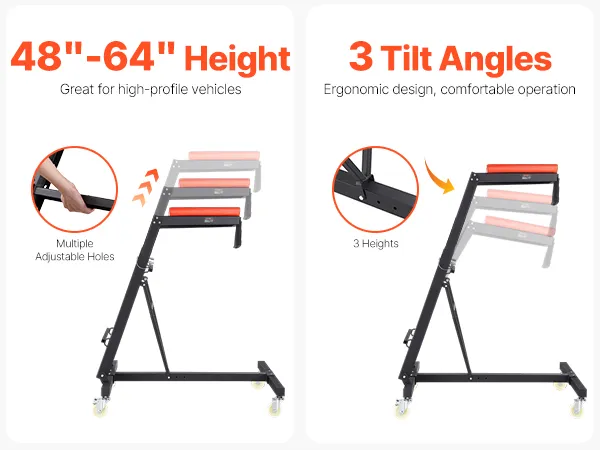 VEVOR automotive creeper with 66.3" max height, 8 adjustable holes, and 3 tilt angles for comfort.