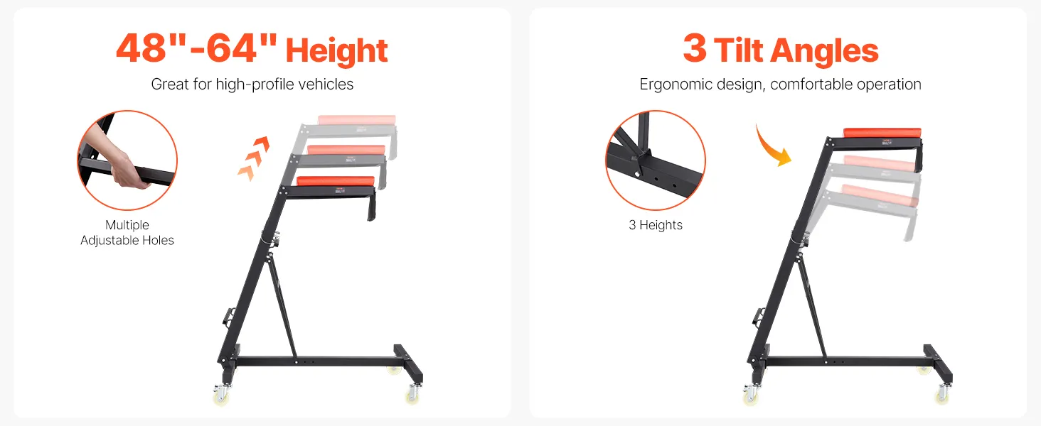 VEVOR automotive creeper with 66.3" max height, 8 adjustable holes, and 3 tilt angles for comfort.