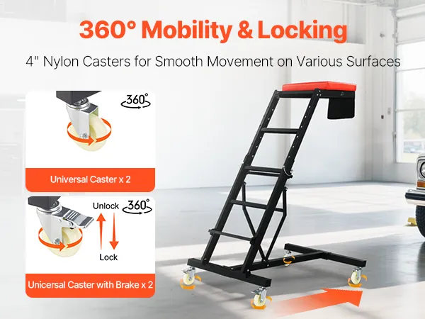 VEVOR automotive creeper with 4-inch nylon casters and universal wheel locks shown beside a white suv.