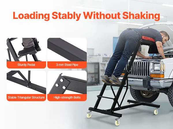 VEVOR automotive creeper with thick cushion, wide pedal, and storage pouch for easier vehicle repair.