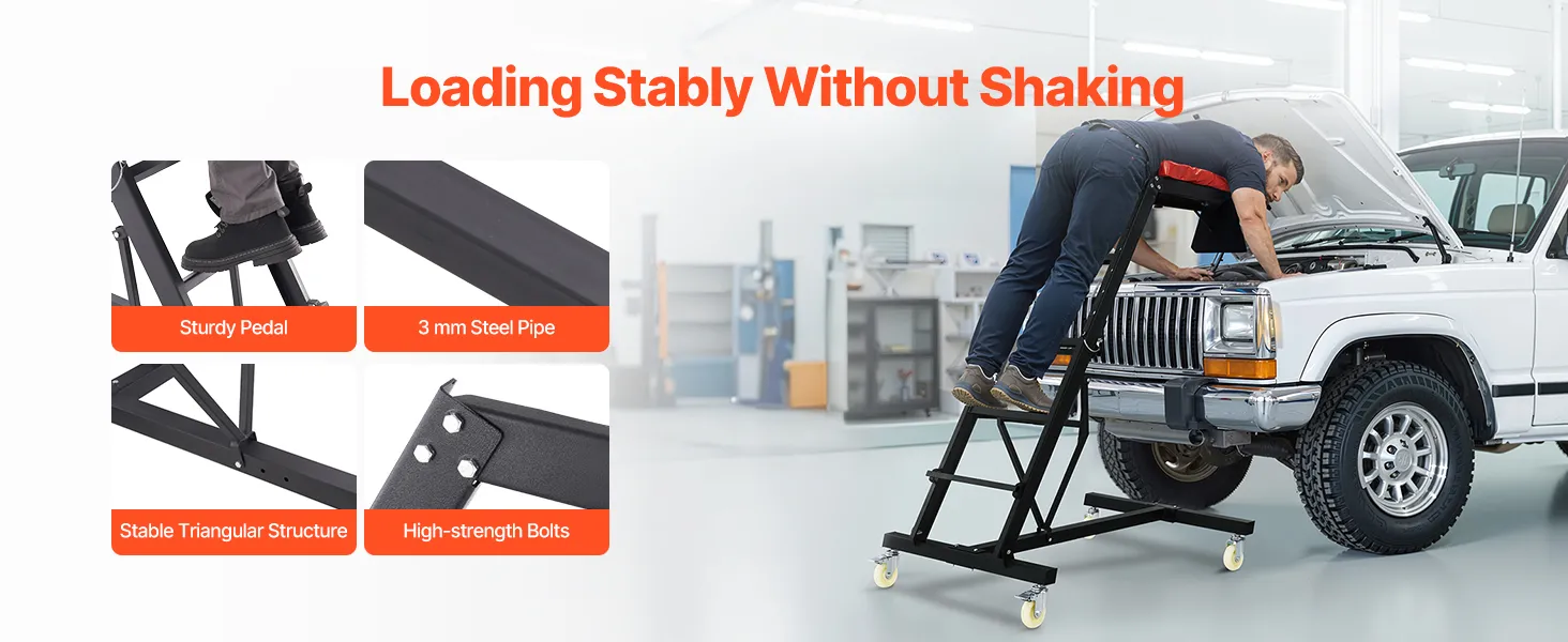 VEVOR automotive creeper with thick cushion, wide pedal, and storage pouch for easier vehicle repair.