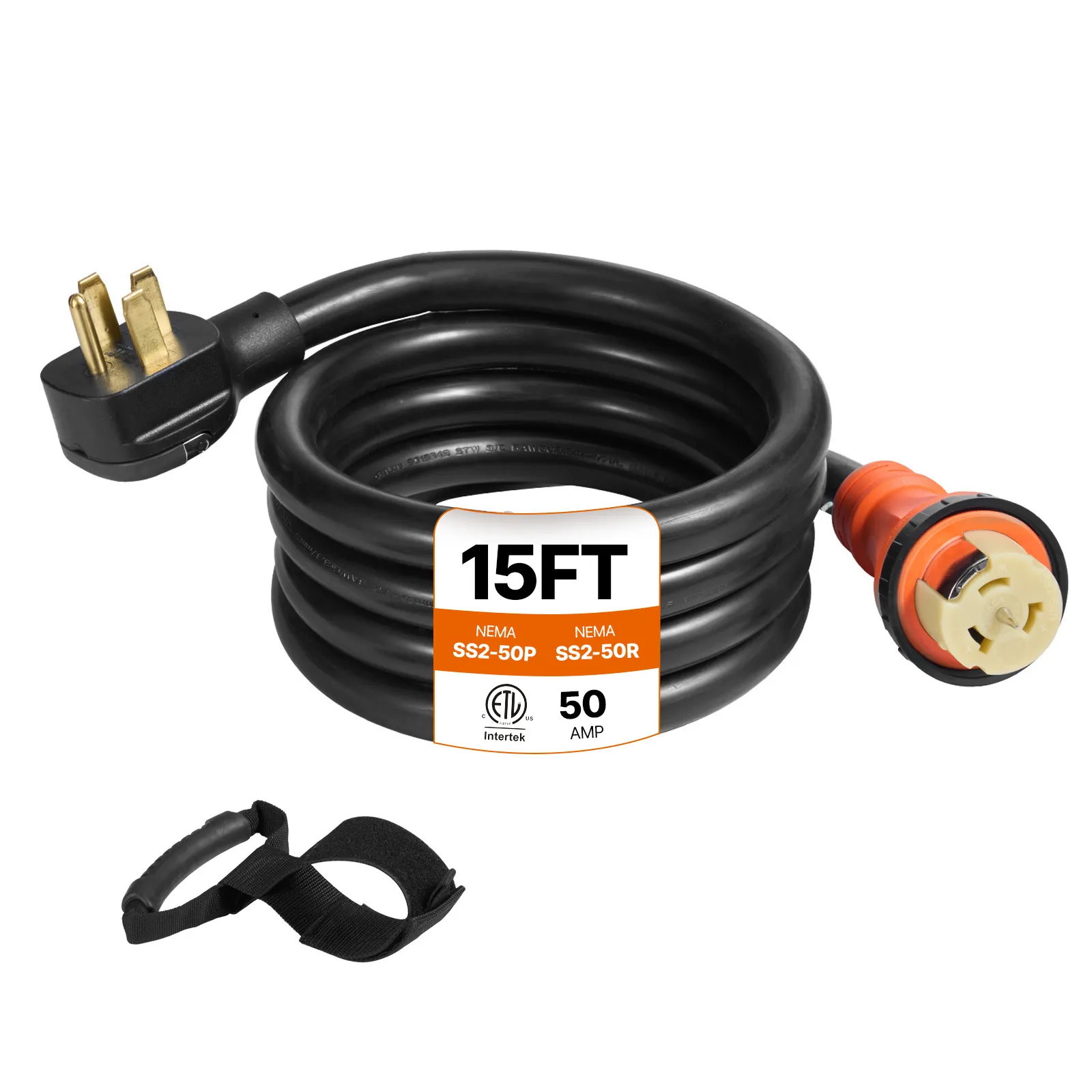 Cable generador VEVOR enrollado con clavijas amarillas y un conector naranja incluido.