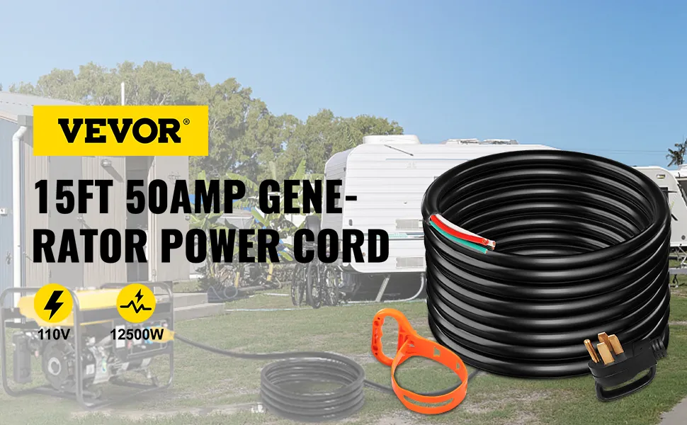Cable de extensión para generador VEVOR de 15 pies y 50 amperios, RV y equipo al fondo.
