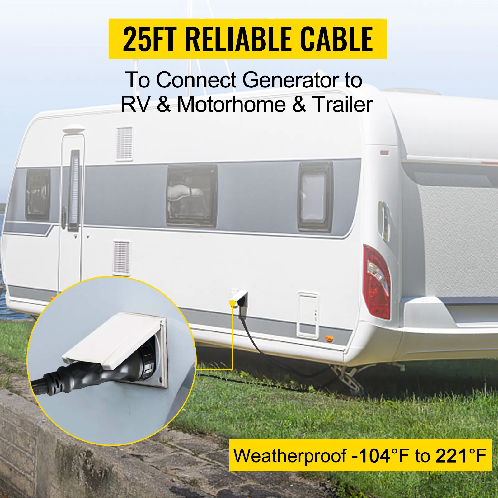 Cable confiable de 25 pies para vehículos recreativos, autocaravanas y remolques. Cable de extensión para generador VEVOR de 50 amperios.