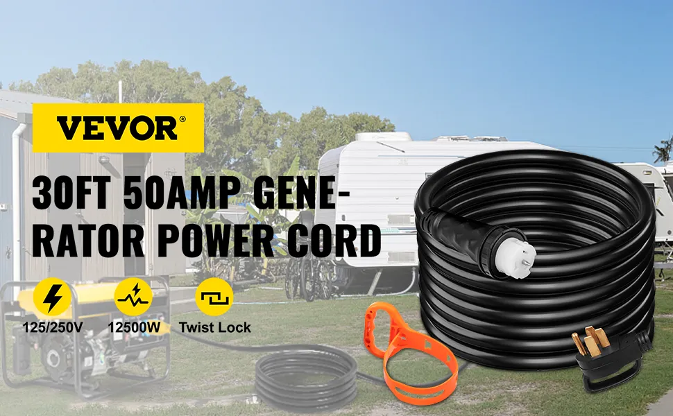 Cable de extensión para generador VEVOR, 30 pies, 50 amperios, para vehículos recreativos y soluciones de energía para exteriores.