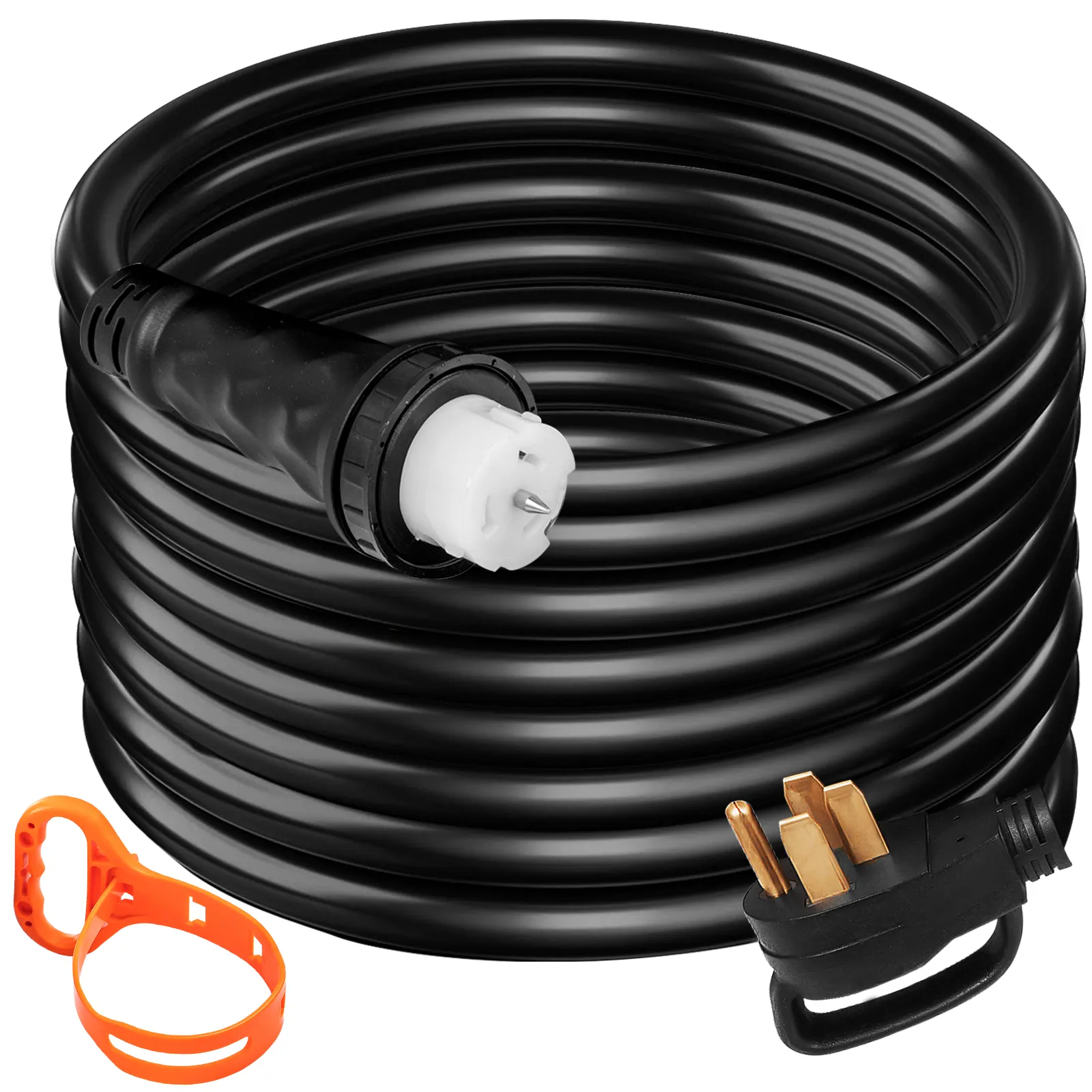 Cable de extensión de generador VEVOR negro enrollado con conectores y correa naranja.