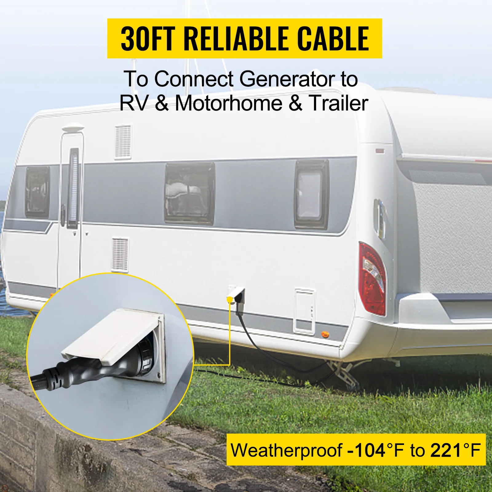 Cable de extensión de generador VEVOR de 30 pies que conecta el vehículo recreativo en condiciones resistentes a la intemperie.