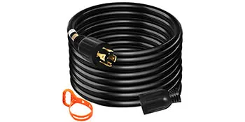 Cable de extensión para generador VEVOR negro con enchufe y correa de transporte naranja.
