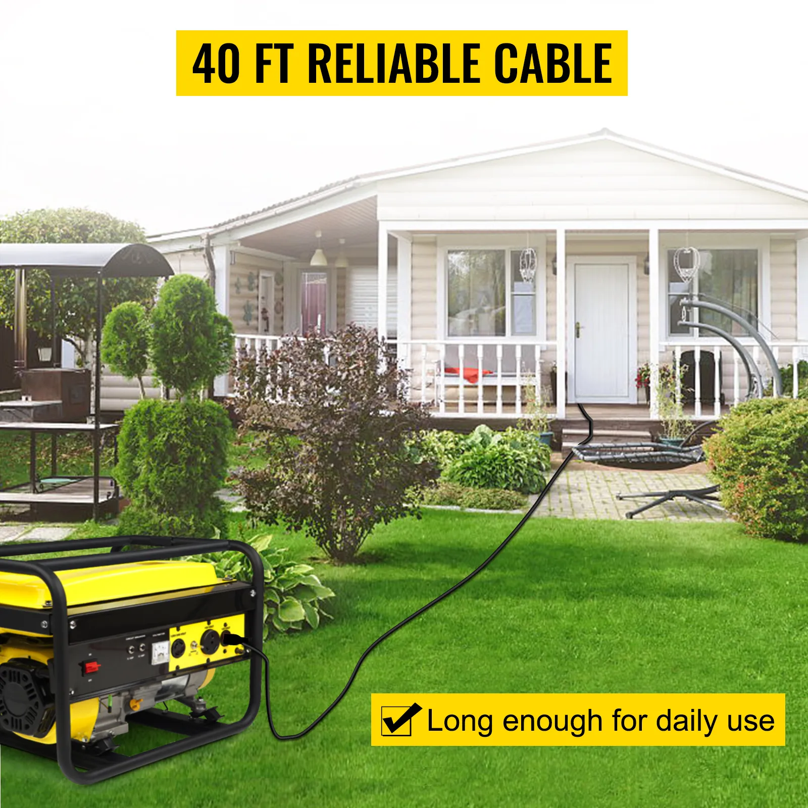 Cable de extensión para generador VEVOR que alimenta una casa con una longitud de cable confiable de 40 pies.