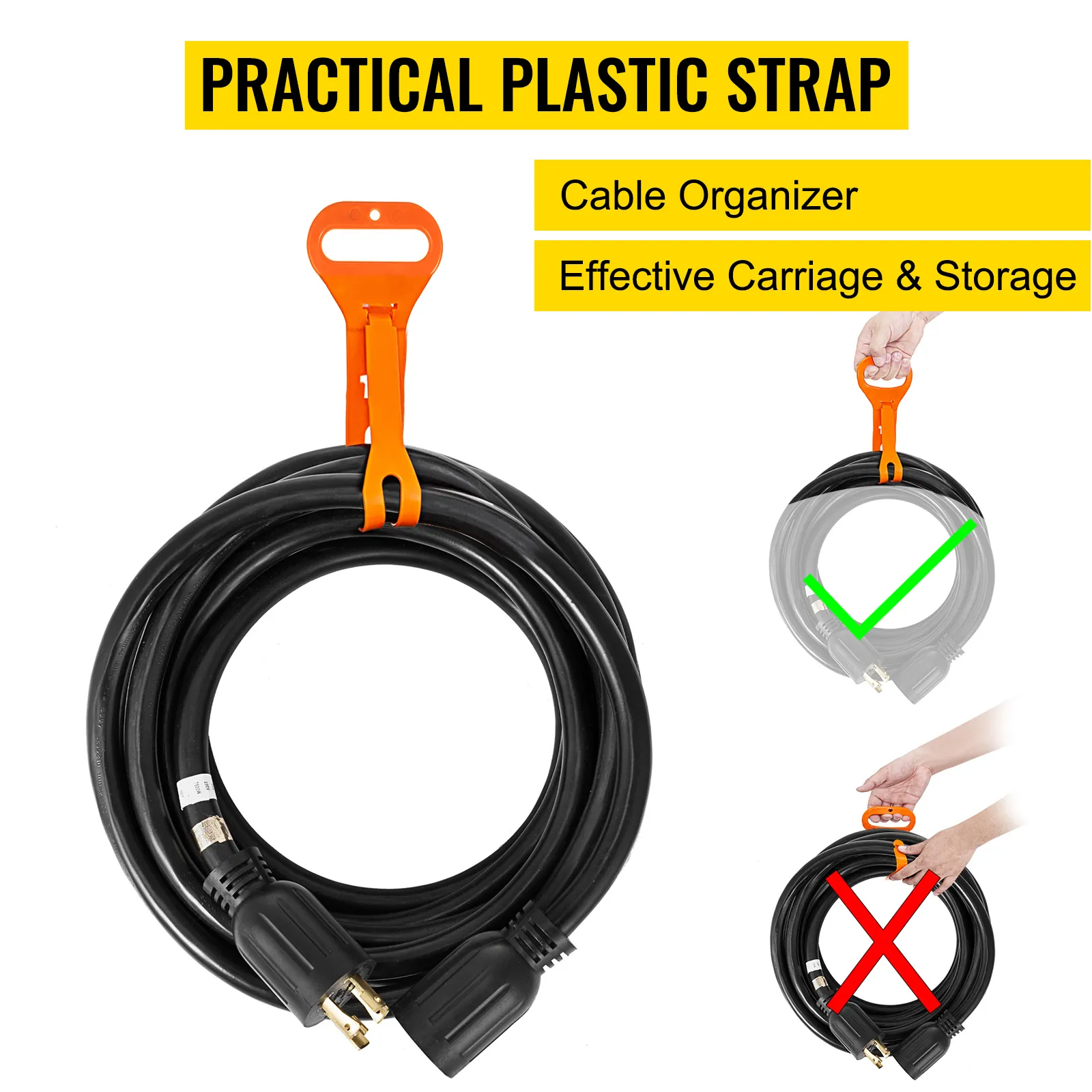 Cable de extensión para generador VEVOR con correa de plástico para un fácil transporte y almacenamiento organizado.