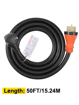 Cable generador VEVOR, 50 pies/15,24 m, bobina negra con conectores naranja y negro.