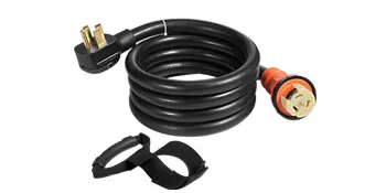 Cable de generador VEVOR enrollado con conectores y clip de anillo naranja.