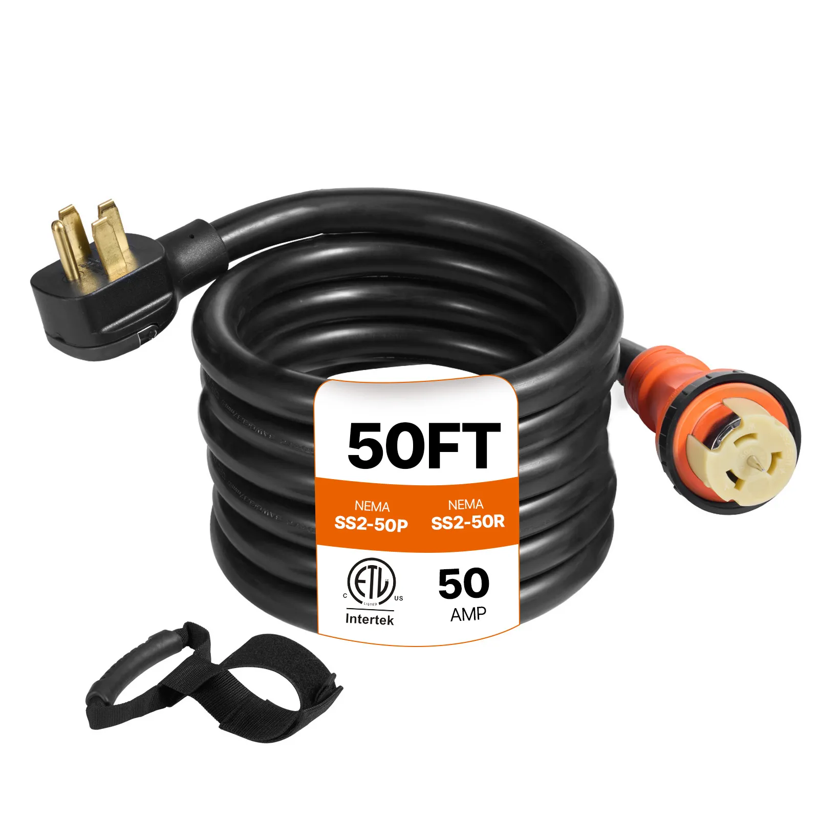 Cable generador VEVOR enrollado negro con conectores y accesorios naranjas.