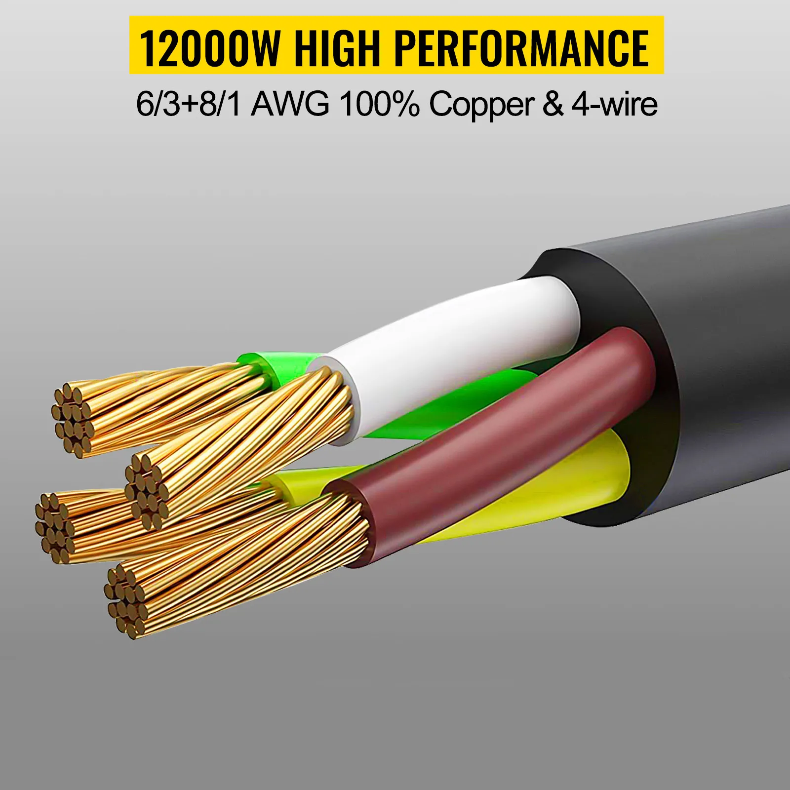 Cable generador VEVOR, 12000w, 6/3+8/1 awg cobre, etl, 50amp, 4 cables, negro.