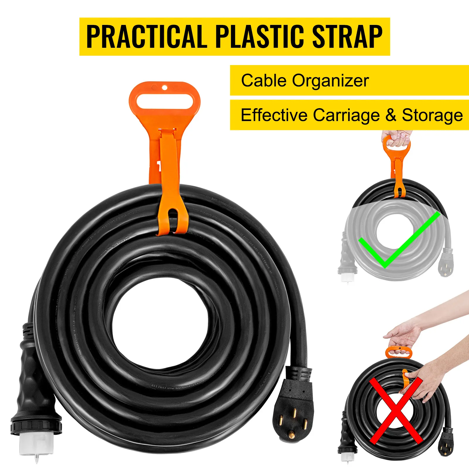 Cable de extensión para generador VEVOR de 50 amperios con práctica correa de plástico para un fácil almacenamiento.