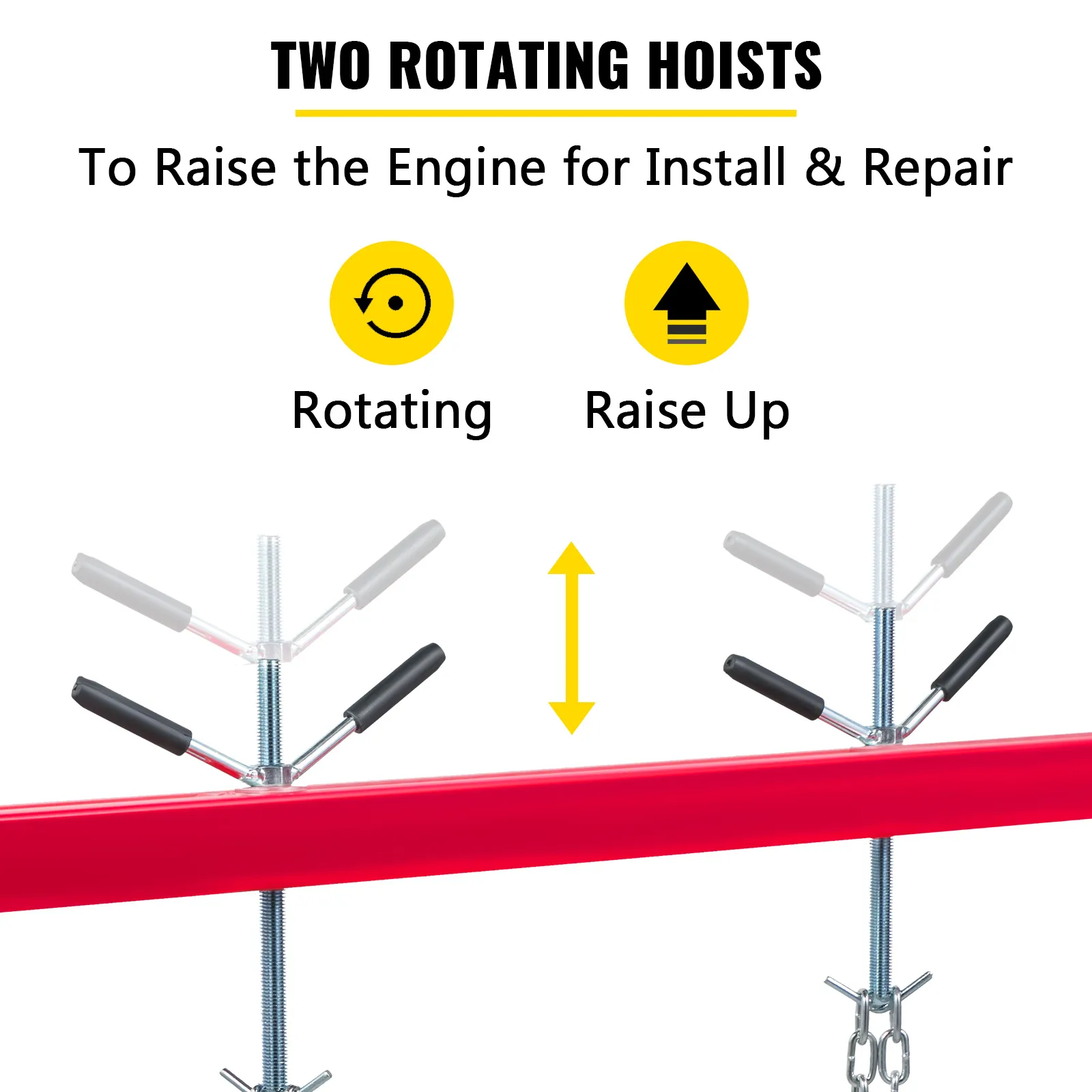VEVOR engine support bar with two rotating hoists for raising engines.