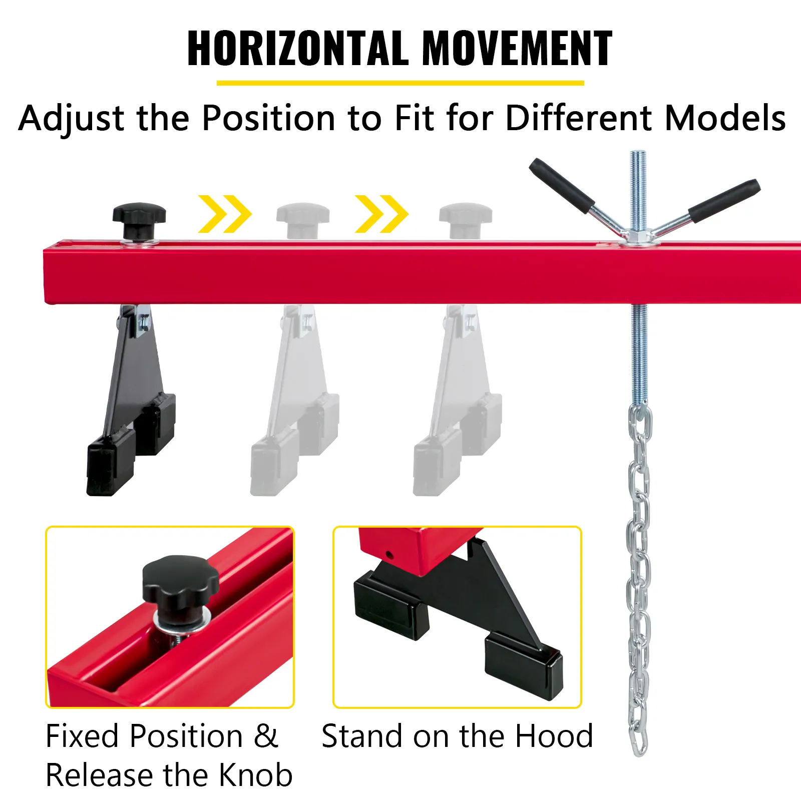 VEVOR engine support bar with adjustable positions and fixed knob for various models.