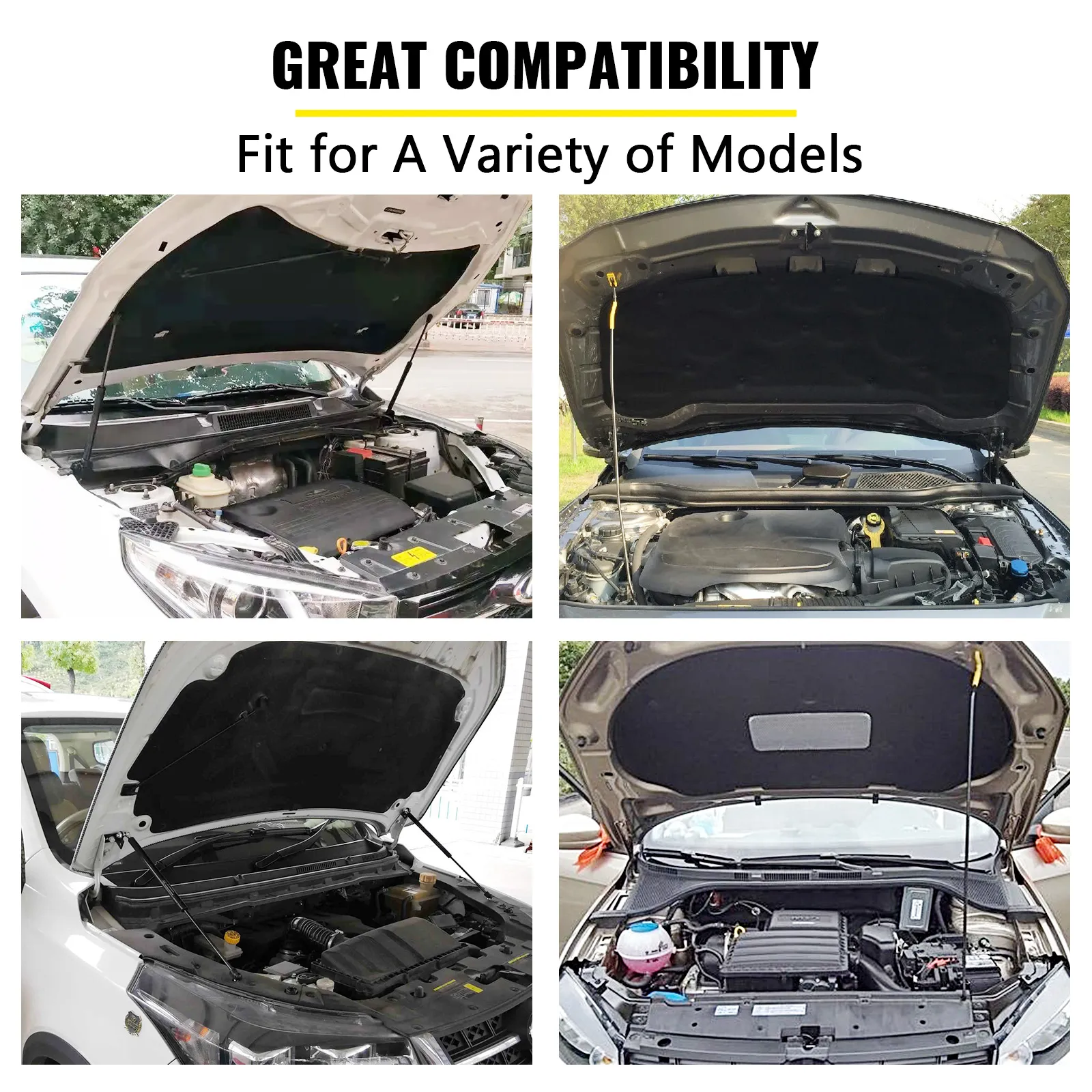 VEVOR engine support bar showcasing compatibility with various car models' open hoods.