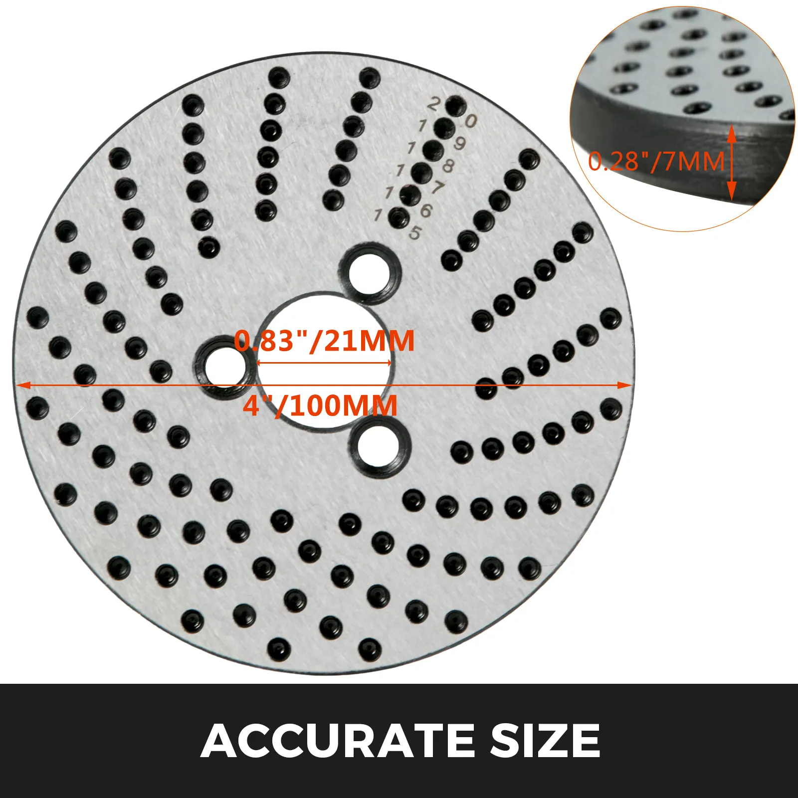 Juego de discos de mesa giratoria VEVOR que muestran medidas de tamaño precisas: 4"/100 mm, 0,83"/21 mm.