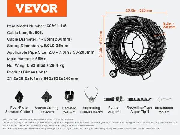 VEVOR drain cleaning cable, 60ft length, φ5.0mm spring, pipe size 2.0-7.9in, 65mn material, 62.6lbs.
