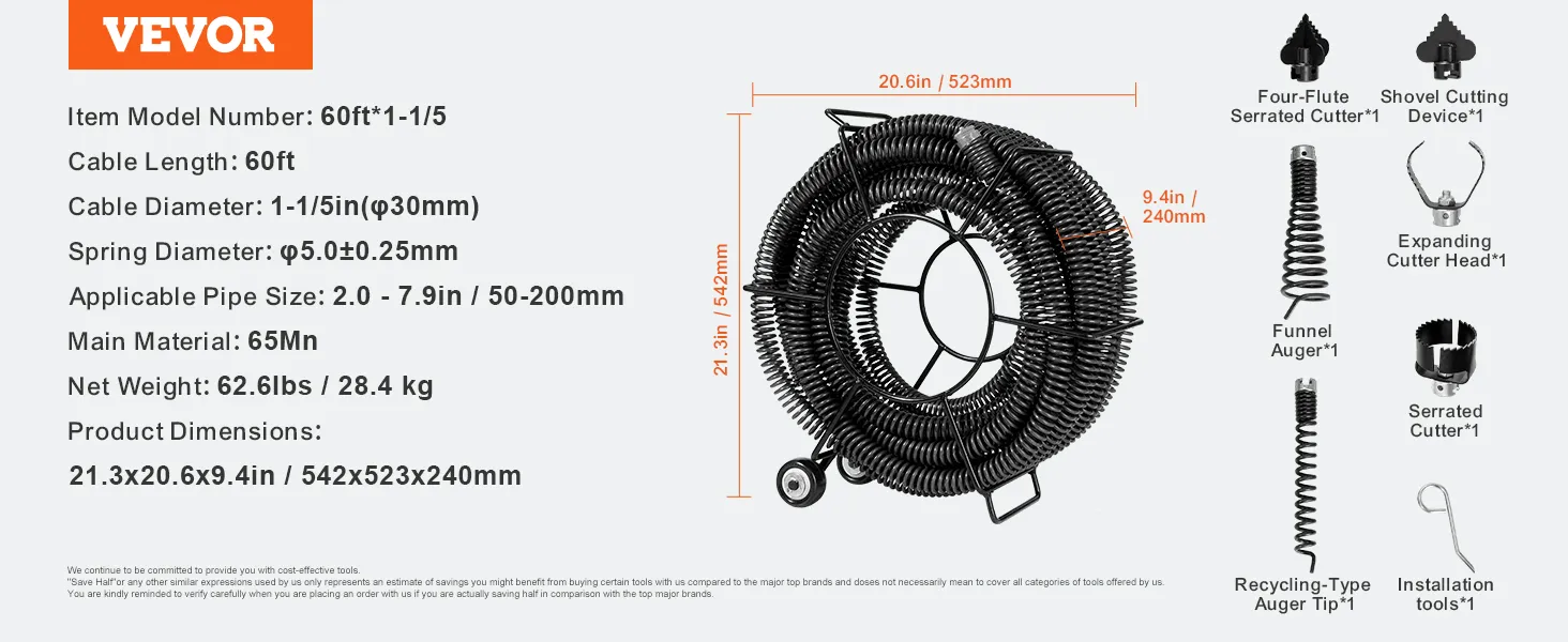 VEVOR drain cleaning cable, 60ft length, φ5.0mm spring, pipe size 2.0-7.9in, 65mn material, 62.6lbs.