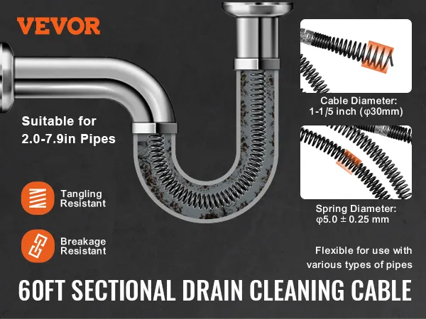 VEVOR drain cleaning cable, 60ft, sectional, for 2.0-7.9in pipes, tangle and break resistant.