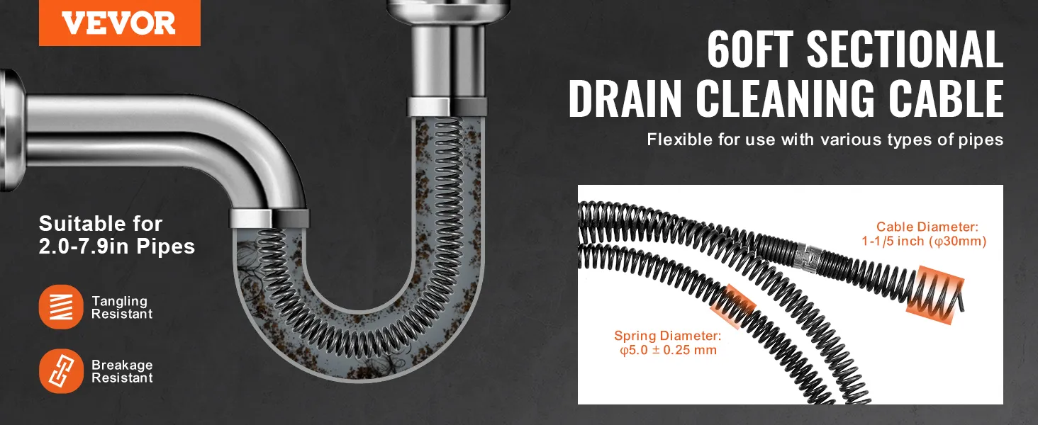 VEVOR drain cleaning cable, 60ft, sectional, for 2.0-7.9in pipes, tangle and break resistant.