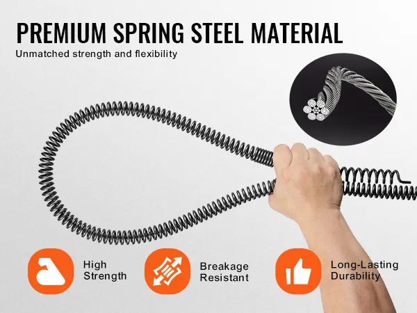 hands holding a VEVOR drain cleaning cable made of premium spring steel material; high strength, breakage resistant, and durable.
