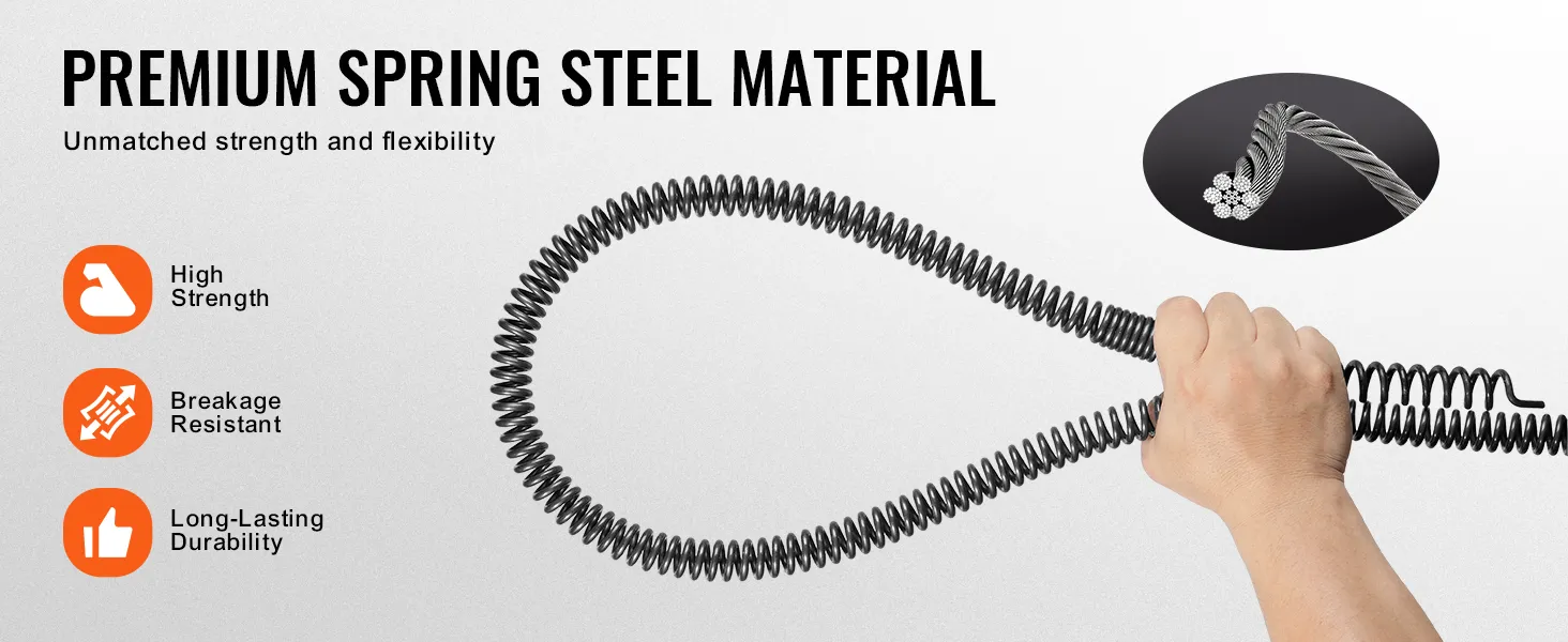 hands holding a VEVOR drain cleaning cable made of premium spring steel material; high strength, breakage resistant, and durable.