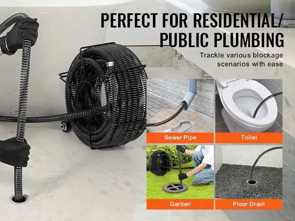 person using VEVOR drain cleaning cable for residential plumbing; suitable for sewer pipes, toilets, garden, and floor drains.
