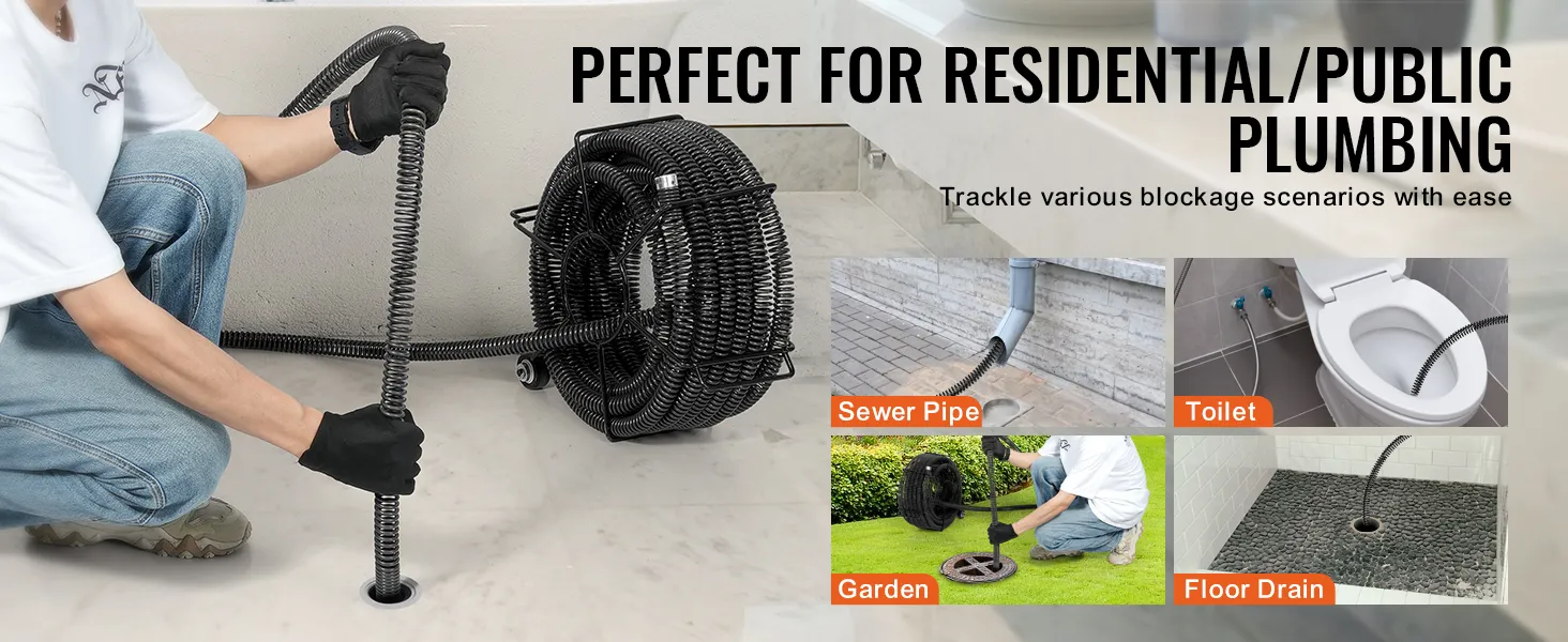 person using VEVOR drain cleaning cable for residential plumbing; suitable for sewer pipes, toilets, garden, and floor drains.