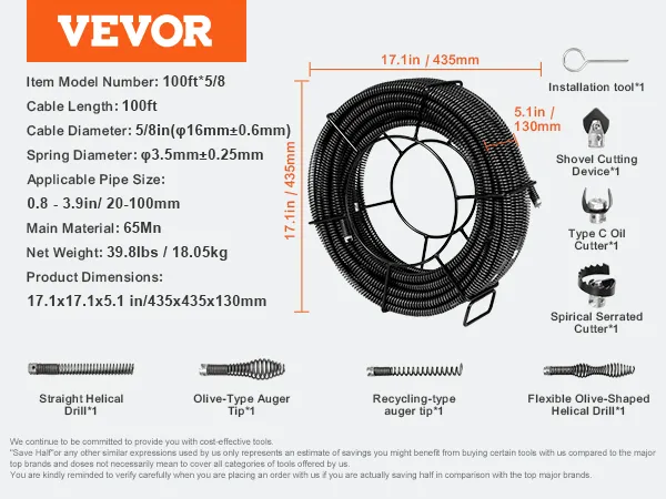 VEVOR drain cleaning cable, 100ft length, 5/8in diameter, with accessories and dimensions details.