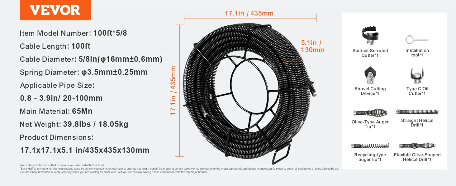VEVOR drain cleaning cable, 100ft length, 5/8in diameter, with accessories and dimensions details.