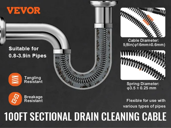 VEVOR drain cleaning cable with 100ft length, suitable for 0.8-3.9in pipes, tangle and break resistant.