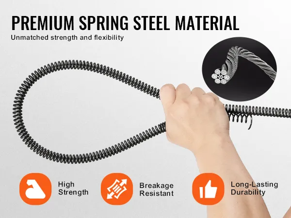 hand holding VEVOR drain cleaning cable made of premium spring steel material for high strength and durability.