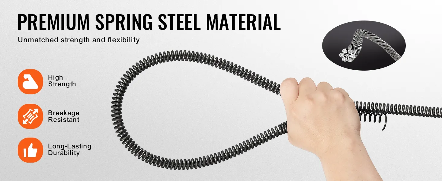 hand holding VEVOR drain cleaning cable made of premium spring steel material for high strength and durability.