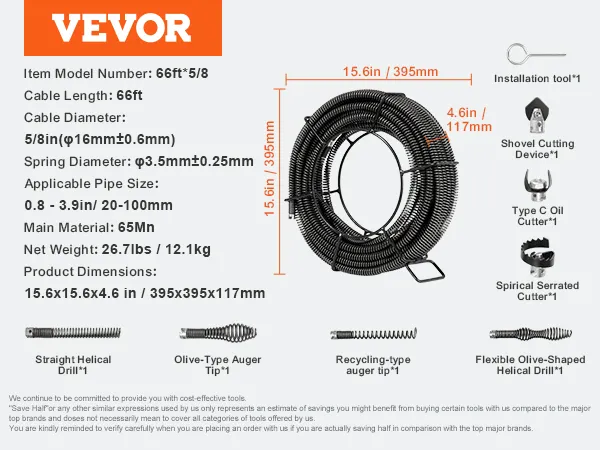 VEVOR drain cleaning cable, 66ft length with various cutters, 15.6x15.6x4.6 inch dimensions.