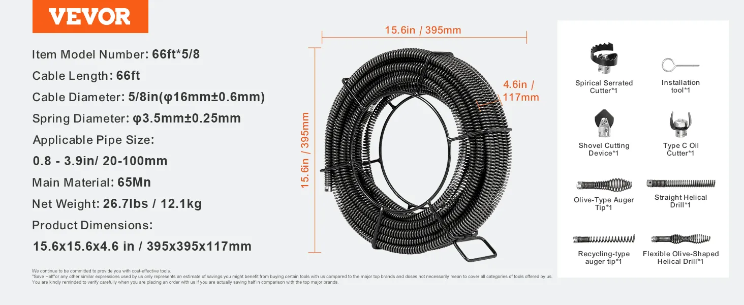 VEVOR drain cleaning cable, 66ft length with various cutters, 15.6x15.6x4.6 inch dimensions.