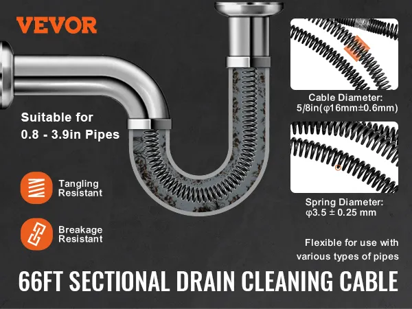 VEVOR drain cleaning cable for 0.8 - 3.9in pipes, tangle-resistant, breakage-resistant, flexible use.