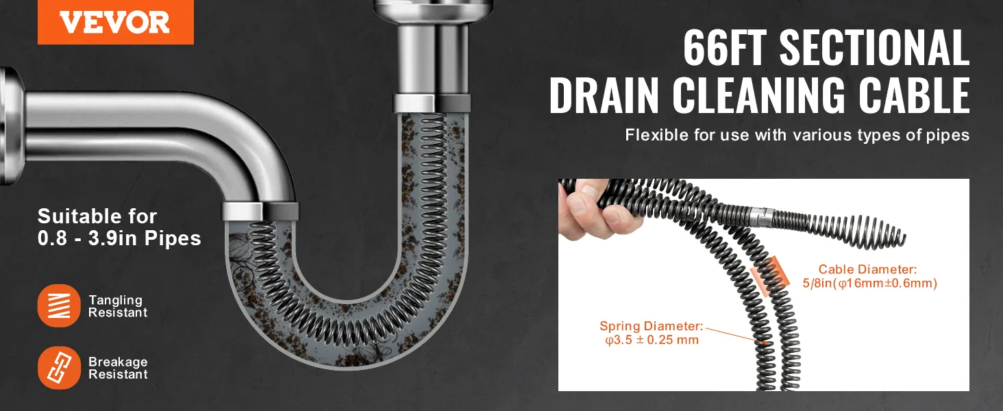 VEVOR drain cleaning cable for 0.8 - 3.9in pipes, tangle-resistant, breakage-resistant, flexible use.