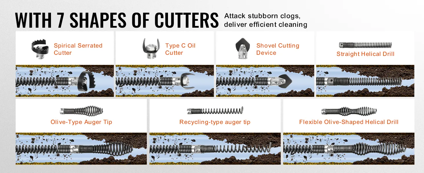 VEVOR drain cleaning cable with 7 cutter shapes: serrated, oil cutter, shovel, helical, auger tips.