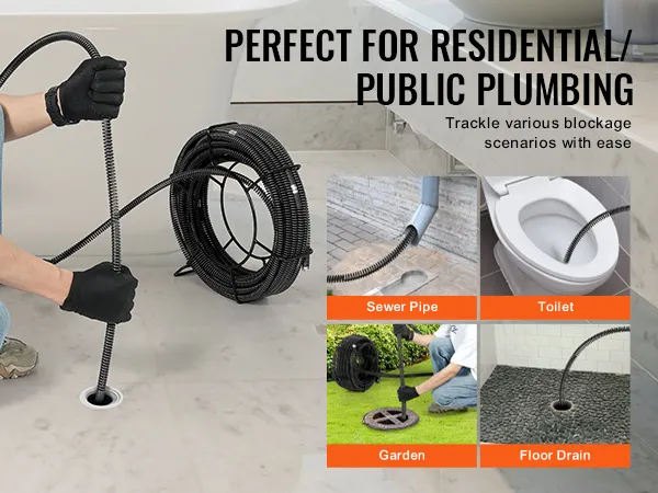 person using VEVOR drain cleaning cable for plumbing tasks, suitable for sewers, toilets, gardens, and floor drains.