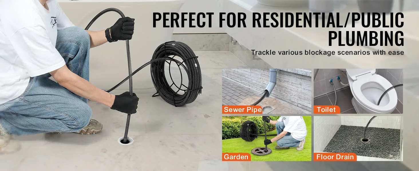 person using VEVOR drain cleaning cable for plumbing tasks, suitable for sewers, toilets, gardens, and floor drains.