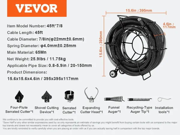VEVOR drain cleaning cable kit with 45ft cable, cutters, auger, and installation tools, dimensions listed.