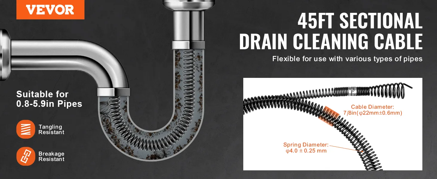 VEVOR drain cleaning cable, 45ft sectional, for flexible use in 0.8-5.9in pipes, tangle and breakage resistant.